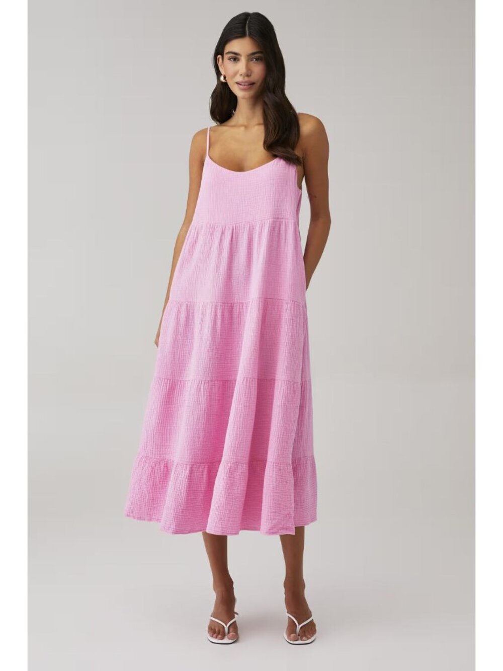 Show Me Your Mumu Pink Gauze Caroline Tiered Midi Dress Large 38626
